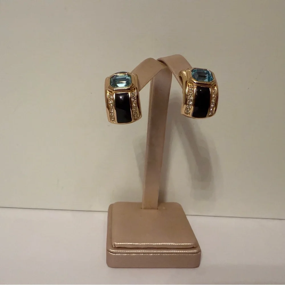 CHRISTIAN DIOR EARRINGS Unsigned BLACK ENAMEL BLUE CLEAR CRYSTALS HUGGIE POST - Picture 6 of 10
